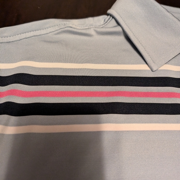 FootJoy Mens L Polo/Golf Shirt. Blueish Grey w/Pink/Navy/White Stripes - Picture 4 of 6
